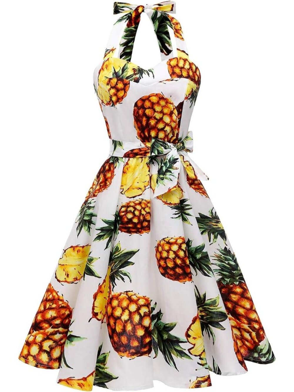 Women's Pine Apple Halter Neck Vintage Polka Audrey Retro Cocktail Dress